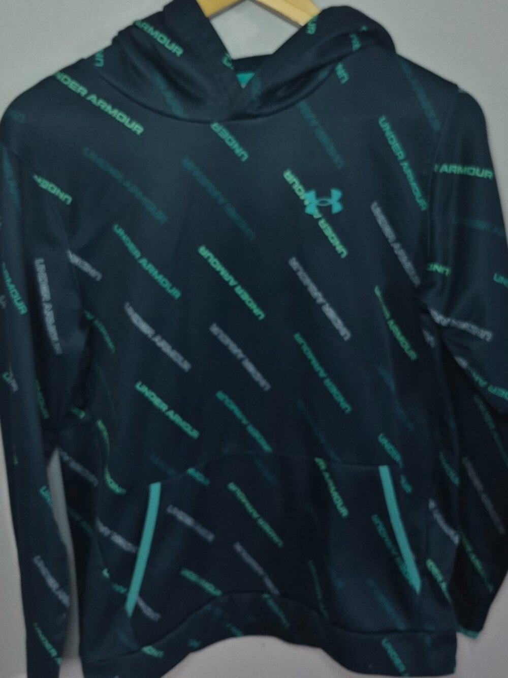 Under Armour Youth XL Hoodie Black Teal All Over Logo Print Pullover